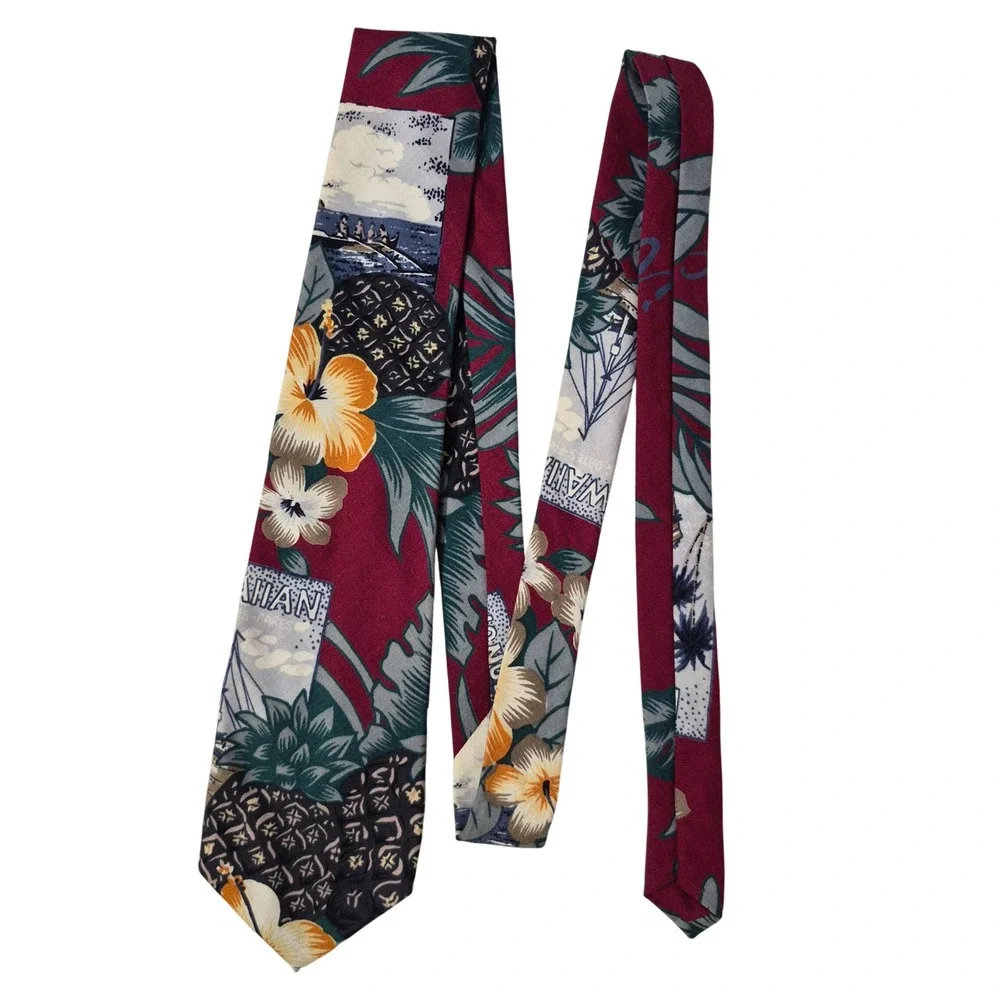 Hilo Hattie Tie‎ Mens Burgundy Hawaiian Tropical Pineapple Floral Necktie Cotton